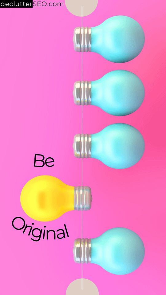 One yellow light bulb standing out from blue bulbs - showing originality in content